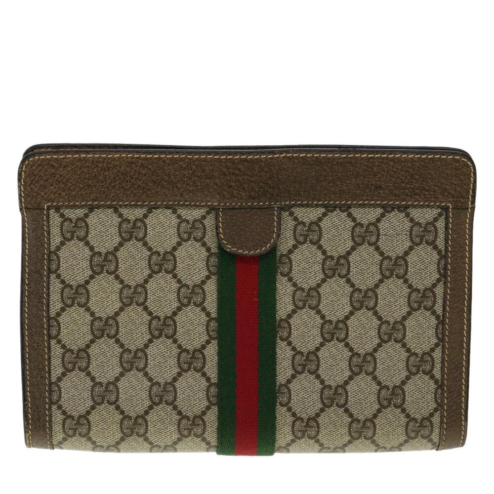 GUCCI GG Canvas Web Sherry Line Clutch Bag Beige Red Green - Picture 13 of 16